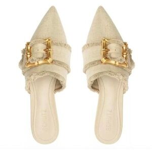 Schutz Size 6.5 Beige Mules Gold Tan Frayed Canvas‎ Buckle Boucle Enola